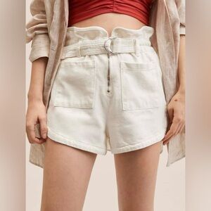 Mango High Waist Cream Belted Denim Shorts with Pockets.